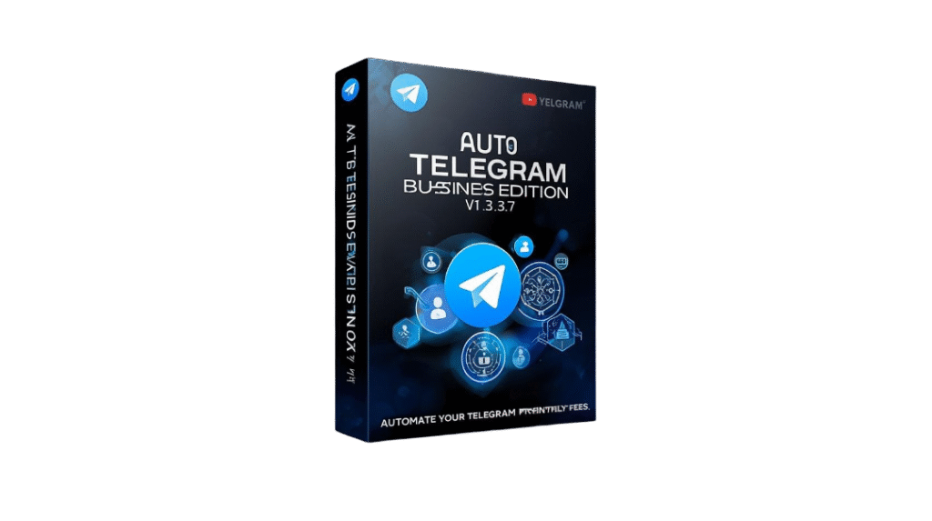 create a premium 3d software box mockup and youtube thumbnail for “auto telegram business edition v1.3.3.7 – full activated – telegram bot”. theme telegram marketing automation, bot