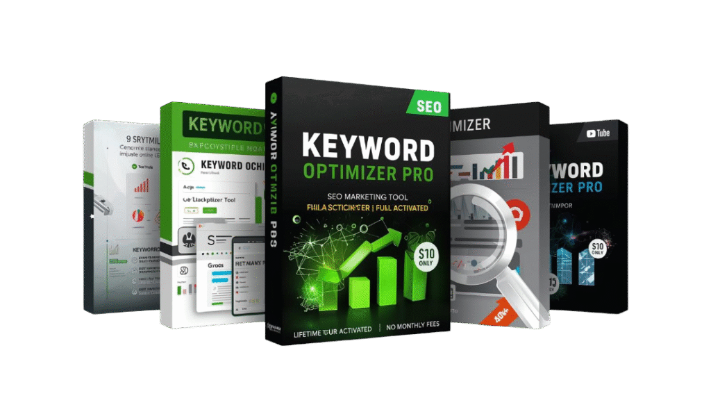 create a premium 3d software box mockup and youtube thumbnail for “keyword optimizer pro – seo marketing tool – full activated”. theme seo marketing, keyword optimization, and search ranking growth. colo