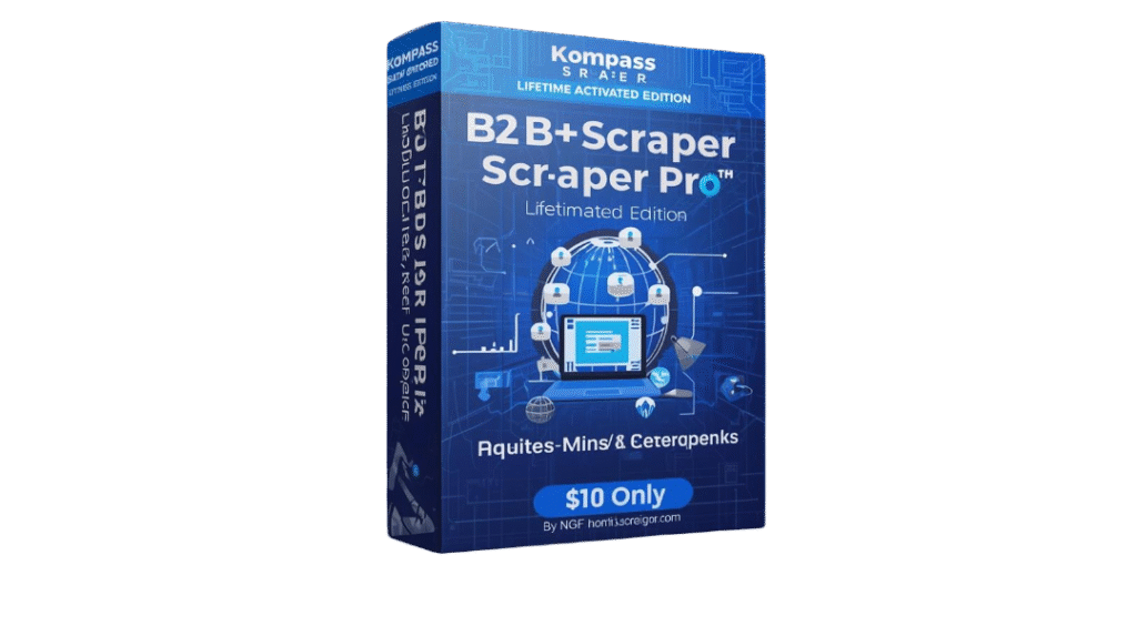 create a premium 3d software box mockup and youtube thumbnail for “kompass scraper pro – lifetime activated edition”. theme b2b data extraction, business leads, and automation. color palette deep blu (1)
