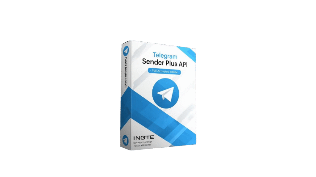 create a premium 3d software box mockup and hero banner for a digital product named “telegram sender plus api – full activated edition”. theme modern messaging & developer friendly sty