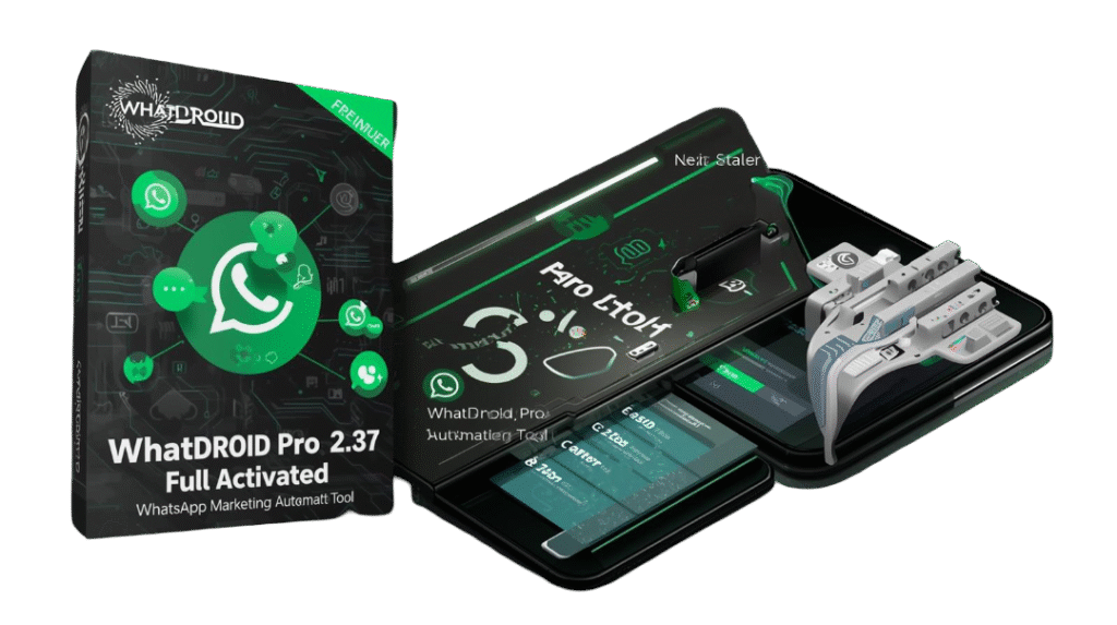 create a premium 3d software box mockup and promotional banner for “whatdroid pro v2.37 – full activated – whatsapp marketing automation tool”. theme whatsapp automation, bulk messaging, and marketin (1)