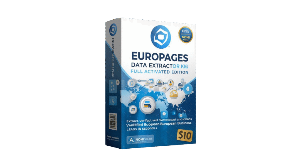 create a premium 3d software box mockup for a digital product named “europages data extractor pro – full activated edition”. theme business data extraction and marketing automation style using blue, wh (3)