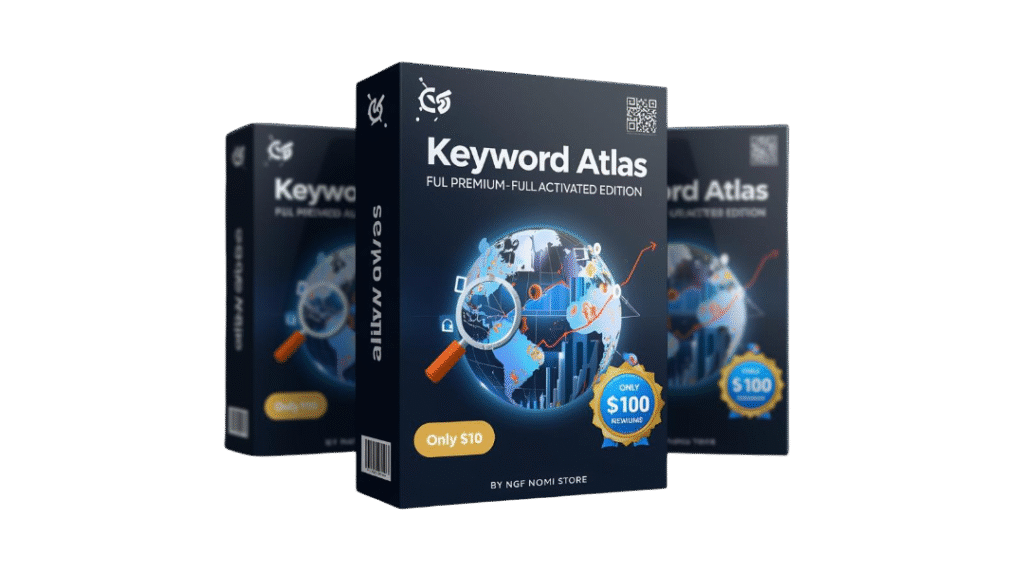 create a premium 3d software box mockup for a digital product named “keyword atlas premium – full activated edition”. theme modern seo and analytics style with blue, orange, and white color palette. in (2)