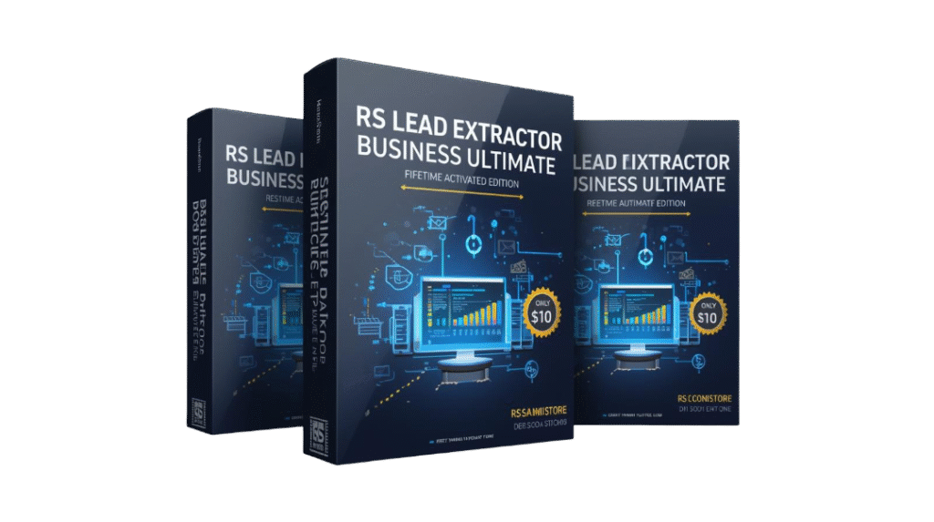create a premium 3d software box mockup for a digital product named “rs lead extractor business ultimate – lifetime activated edition”. theme business data and lead generation automation style with blu (3)