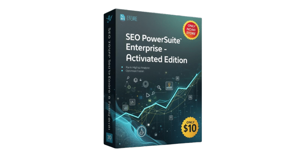 create a premium 3d software box mockup for a digital product named “seo powersuite enterprise – lifetime activated edition”. theme seo, analytics, and digital marketing with a professional tech design usi