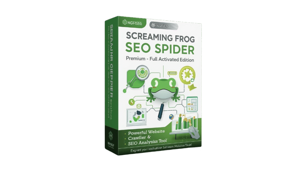 create a premium 3d software box mockup for a digital product named “screaming frog seo spider premium – full activated edition”. theme modern seo and analytics style with green, white, and black color (3)
