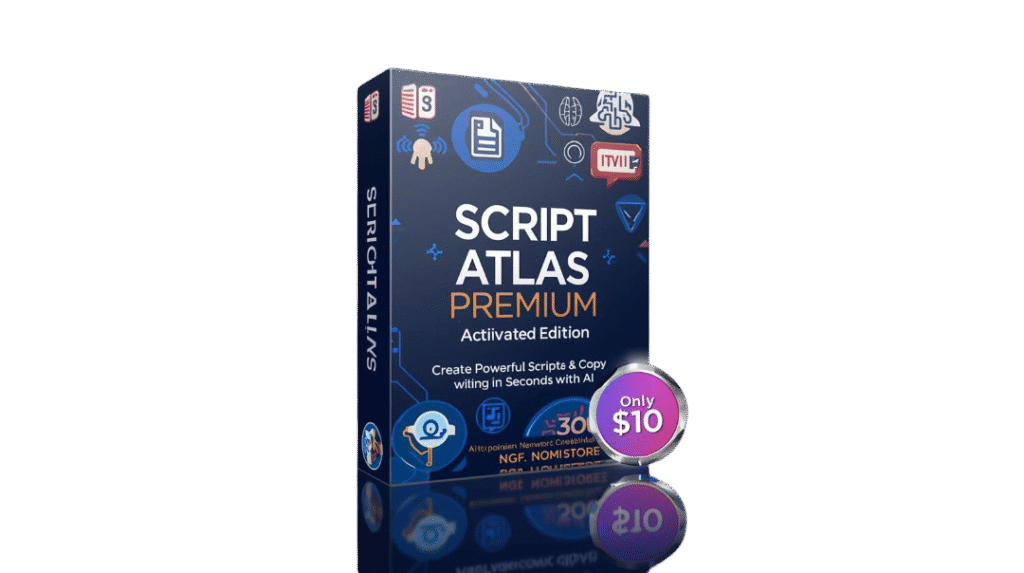 create a premium 3d software box mockup for a digital product named “script atlas premium – lifetime activated edition”. theme ai powered scriptwriting and marketing content generator with a futuristic (3)