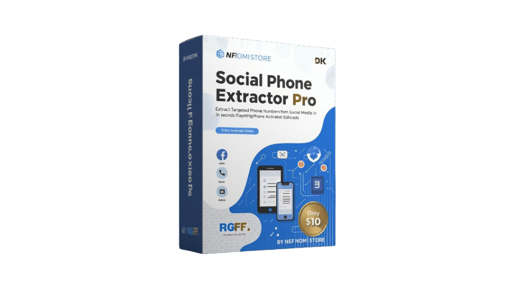 create a premium 3d software box mockup for a digital product named “social phone extractor pro – lifetime activated edition”. theme data extraction and marketing automation style with blue, white, and (3)