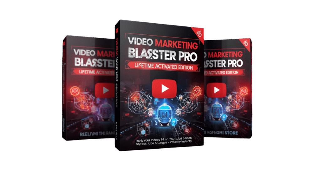 create a premium 3d software box mockup for a digital product named “video marketing blaster pro – lifetime activated edition”. theme youtube and video seo marketing automation tool. color palette red (3)