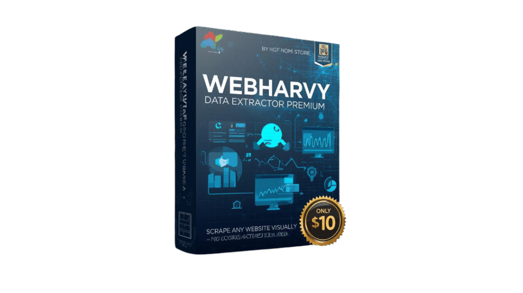 create a premium 3d software box mockup for a digital product named “webharvy data extractor premium – lifetime activated edition”. theme web scraping and data extraction with a modern tech style using (3)