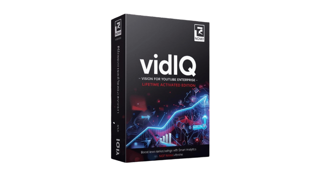 create a premium 3d software box mockup for a digital product named “vidiq vision for youtube enterprise – lifetime activated edition”. theme youtube growth, analytics, and seo tool with a futuristic, (3)