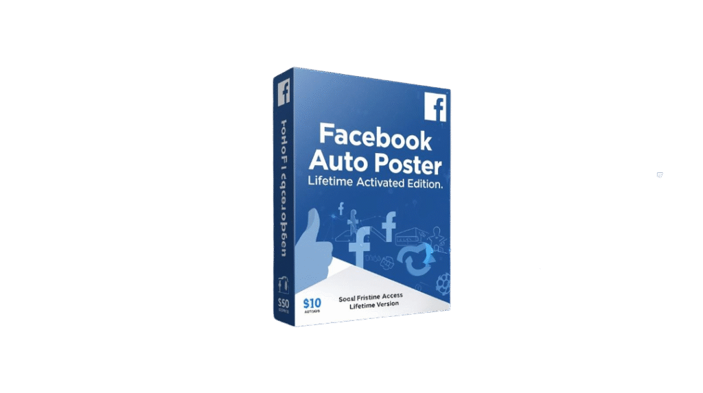 create a professional 3d software box mockup and youtube thumbnail for “simple facebook auto poster – lifetime activated edition”. theme facebook automation, bulk posting, social media marketing. colo (1)