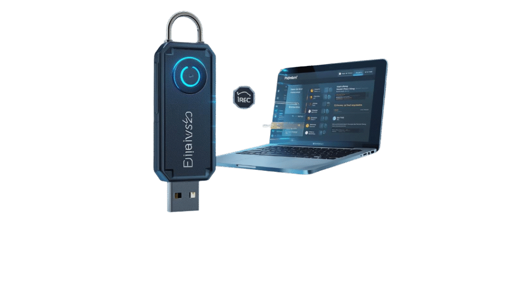 create a premium 3d product mockup and hero banner for a digital hardware product named “binalyze irec dongle tactical edition – lifetime activated edition”. theme forensic acquisition hardware & tactical