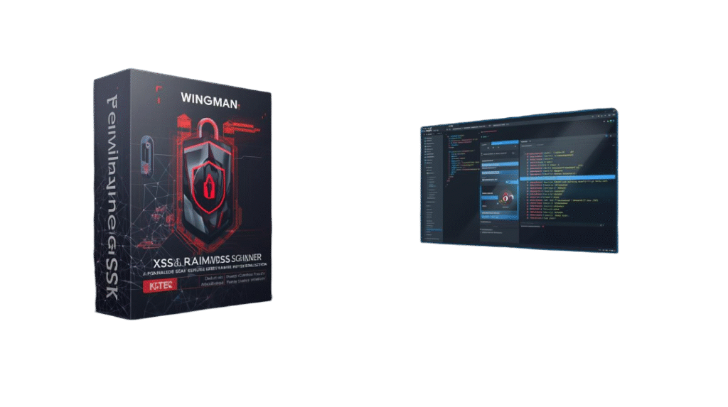 create a premium 3d software box mockup and hero banner for a digital product named “wingman xss vulnerability scanner advanced – lifetime activated edition”. theme cybersecurity & web application testing