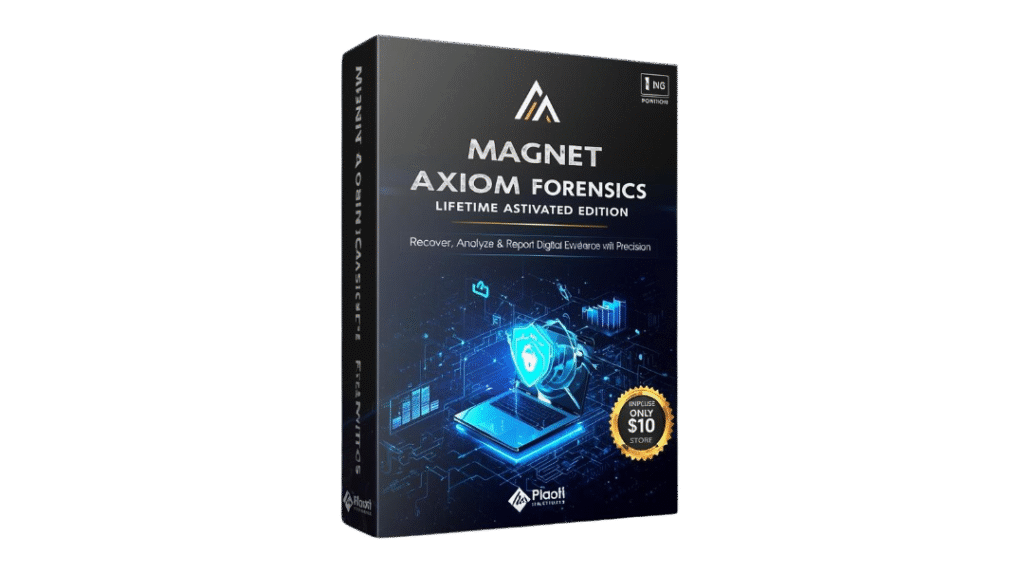 create a premium 3d software box mockup for a digital product named “magnet axiom forensics – lifetime activated edition”. theme digital forensics and evidence analysis software used for data recovery, cyb