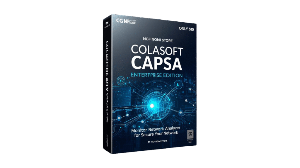 create a premium 3d software box mockup for a digital product named “colasoft capsa enterprise edition – lifetime activated edition”. theme network monitoring, packet analysis, and cybersecurity diag (3)
